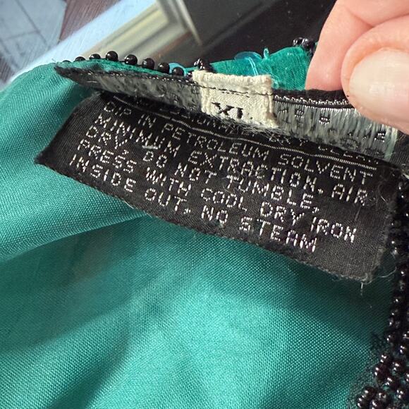 Royal Feelings Vintage Silk Sequin Beaded Top XL Teal Black Evening Party Blouse - Picture 14 of 15